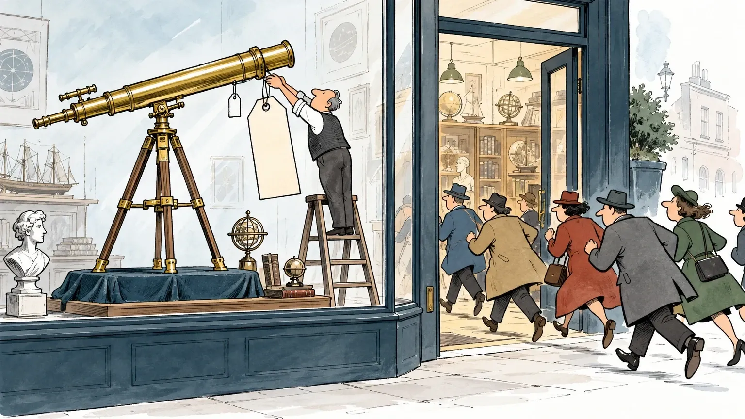 Ink-and-wash cartoon of a shopkeeper hanging a bigger price tag on a brass telescope as customers rush into the shop